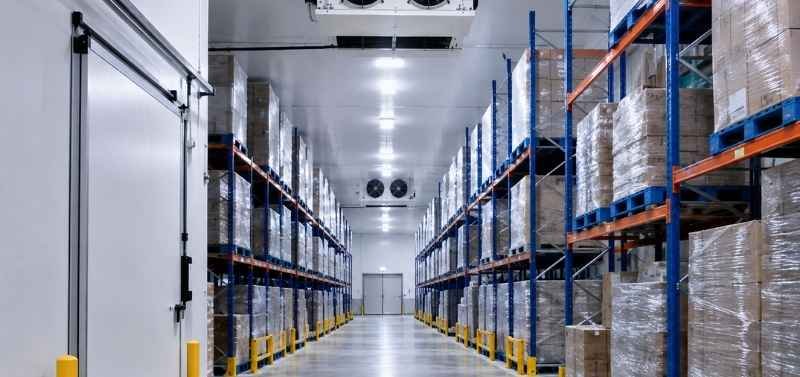 Climate-controlled warehouse with pallet storage and temperature-regulated inventory