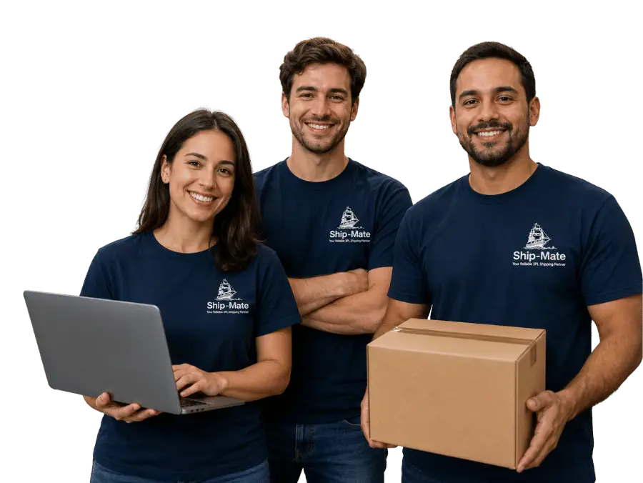 Three Ship-Mate team members smiling, with a laptop and shipping box