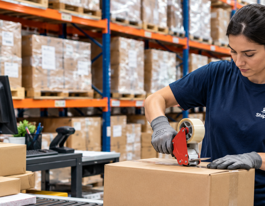 Warehouse worker sealing a shipping box