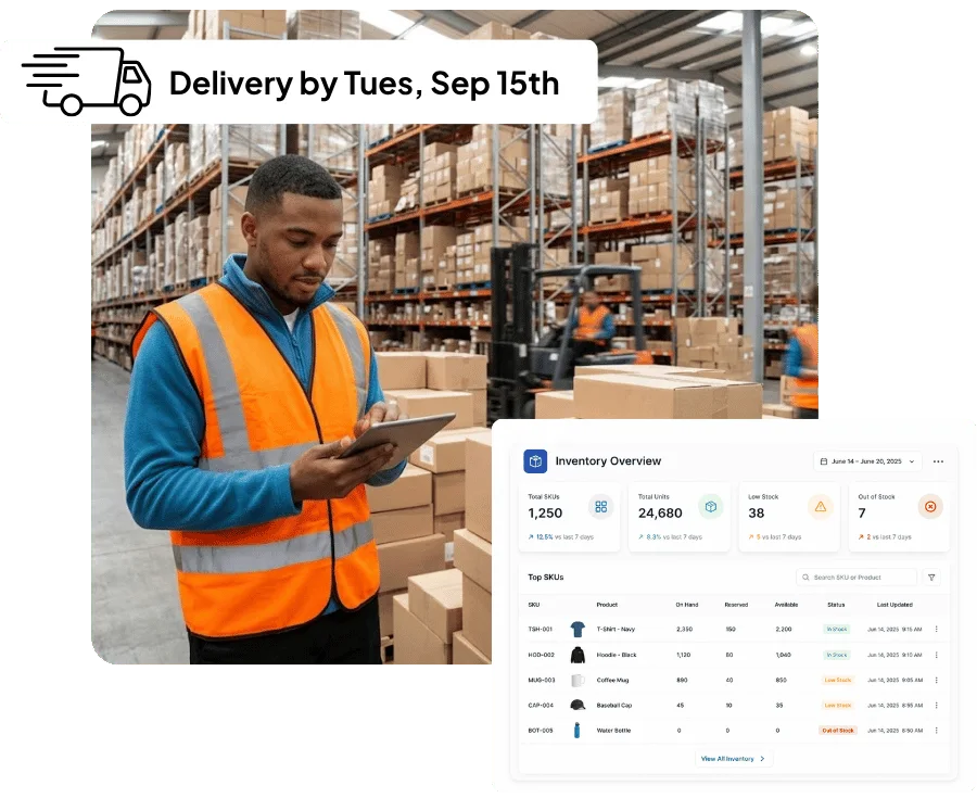 Warehouse worker tracking inventory on a tablet with inventory dashboard overlay