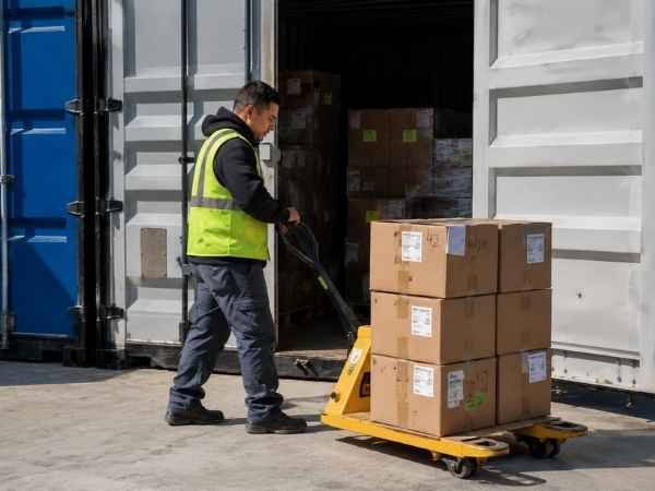 Warehouse worker unloading palletized cartons from a shipping container for cross docking and distribution