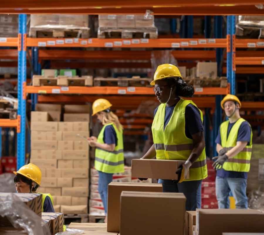 Warehouse workers in safety vests and helmets handling cardboard boxes