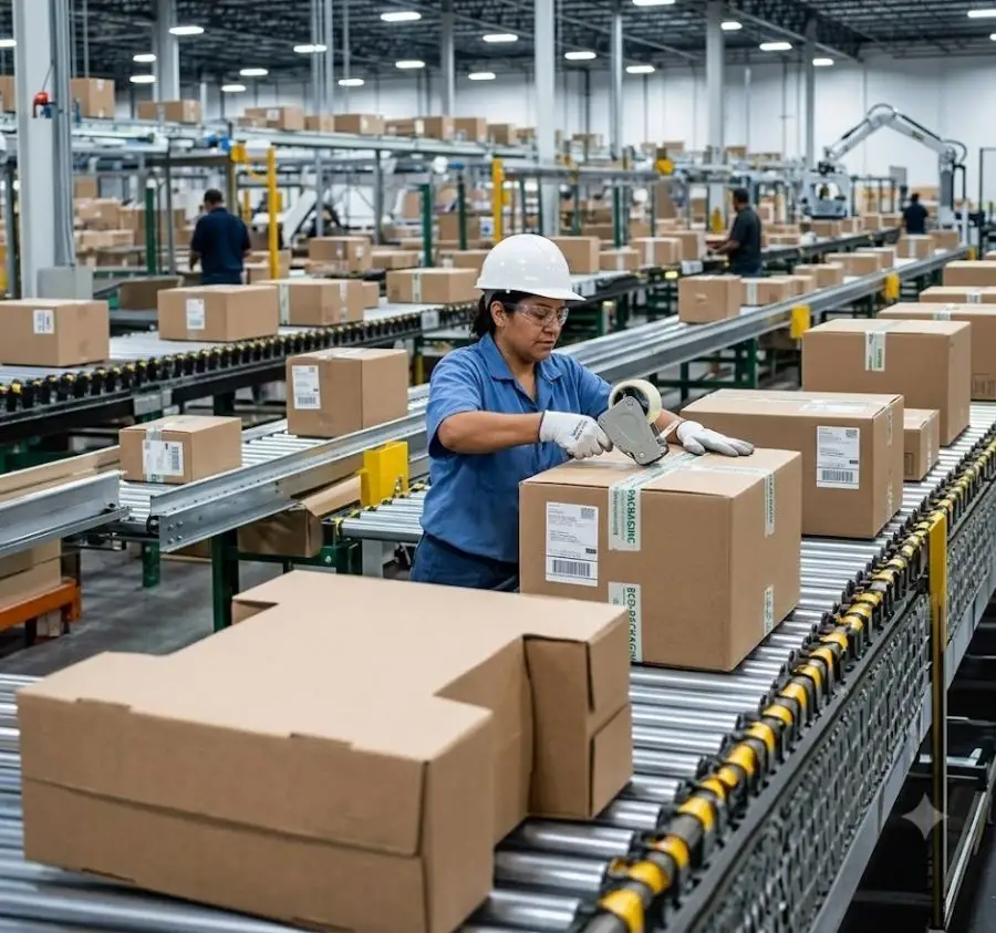 Worker sealing cardboard boxes on a conveyor belt, adding value through efficient packaging and streamlined warehouse operations