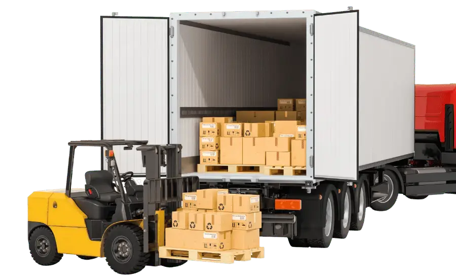 Yellow forklift loading boxes onto a pallet beside an open delivery truck